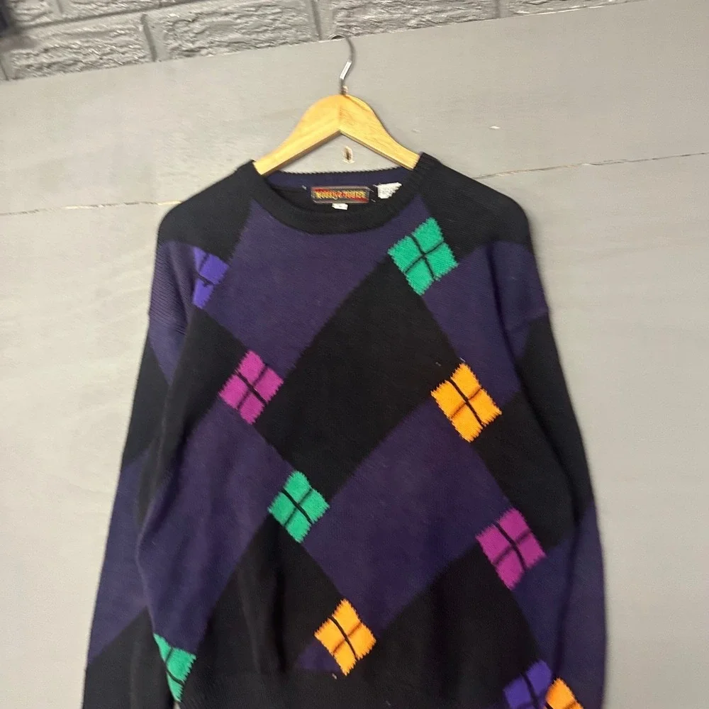 Morris‎ & Porter Mens XL Argyle Sweater Black Purple Green Orange Knit Pullover